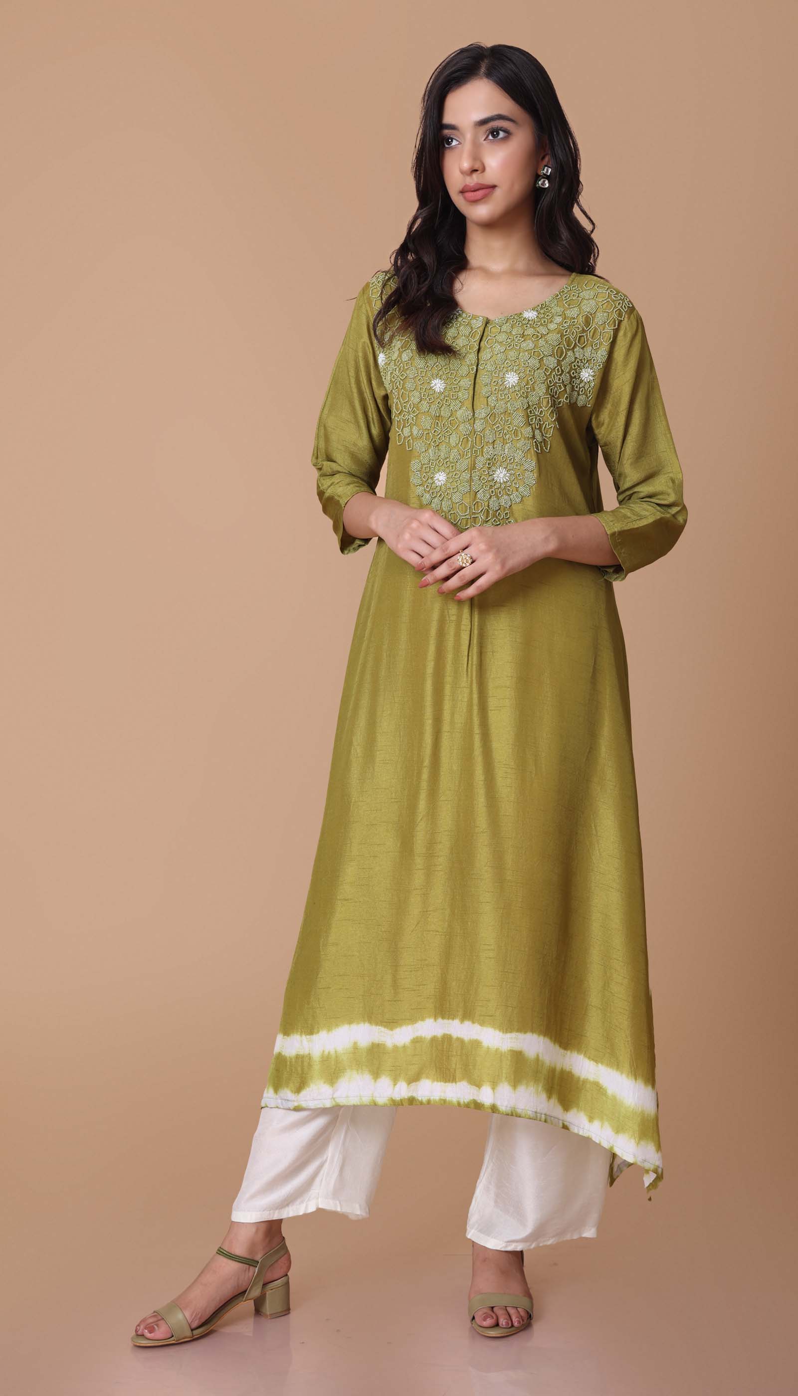 Olive Green Chanderi Silk Kurta Set