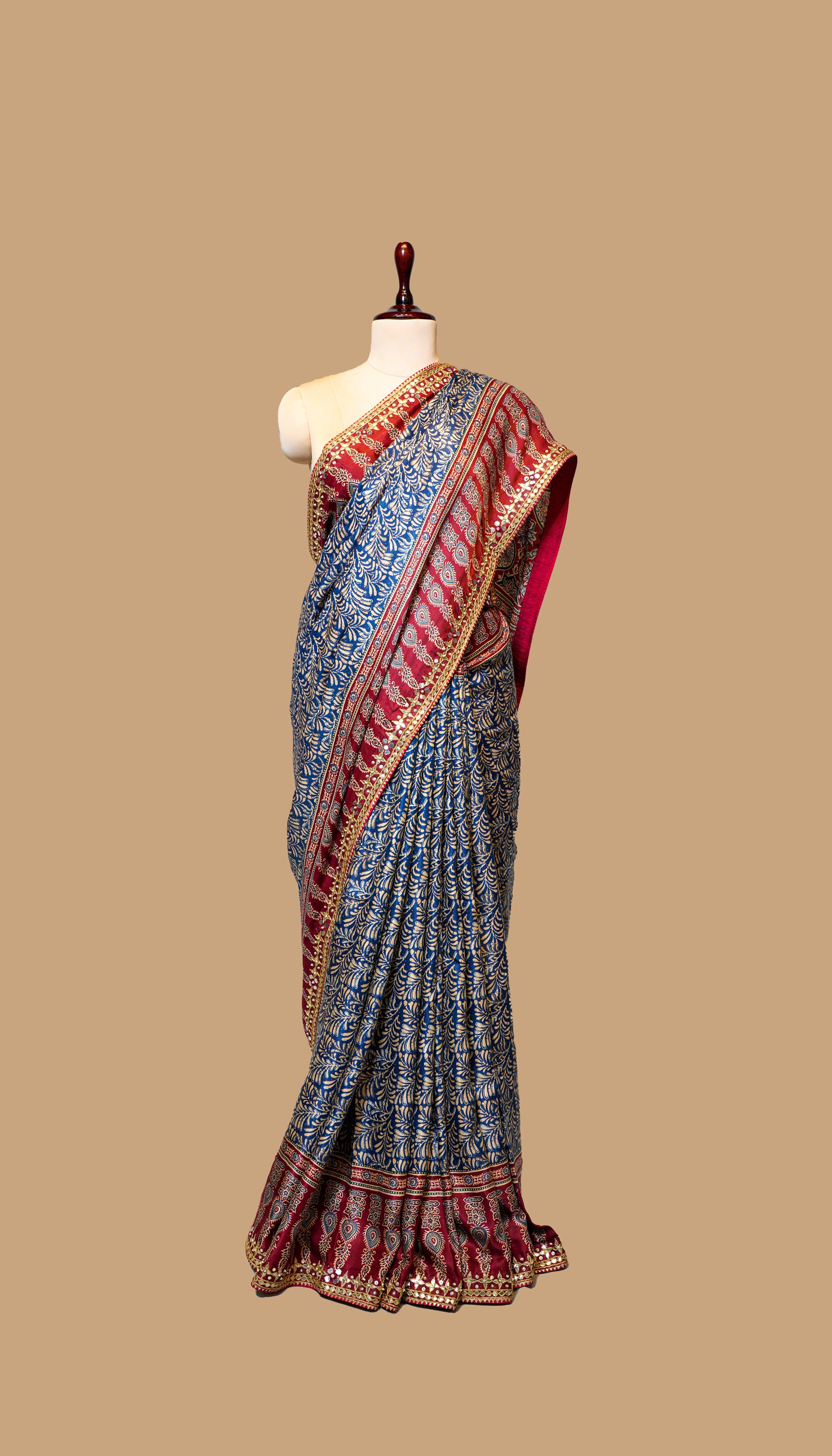 BLUE AND RED GAJI SILK AJRAK SAREE