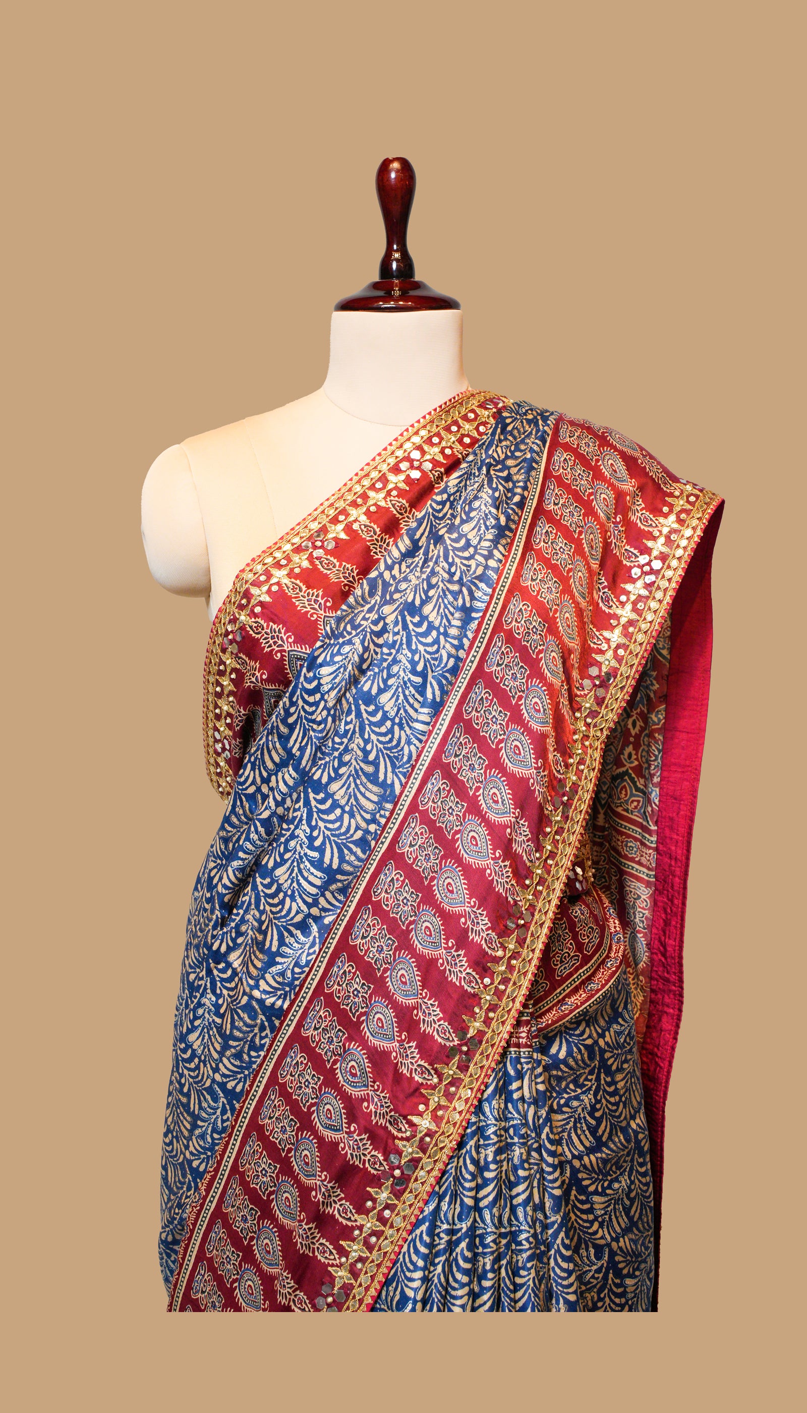 BLUE AND RED GAJI SILK AJRAK SAREE