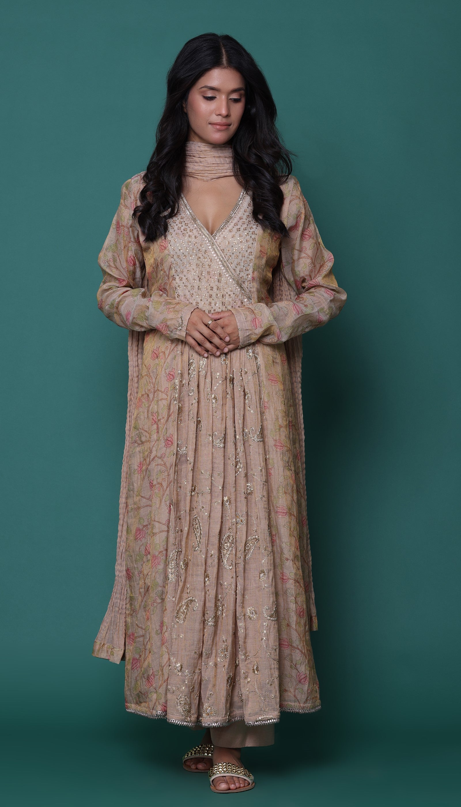 Beige Crushed Tissue Angrakha Suit