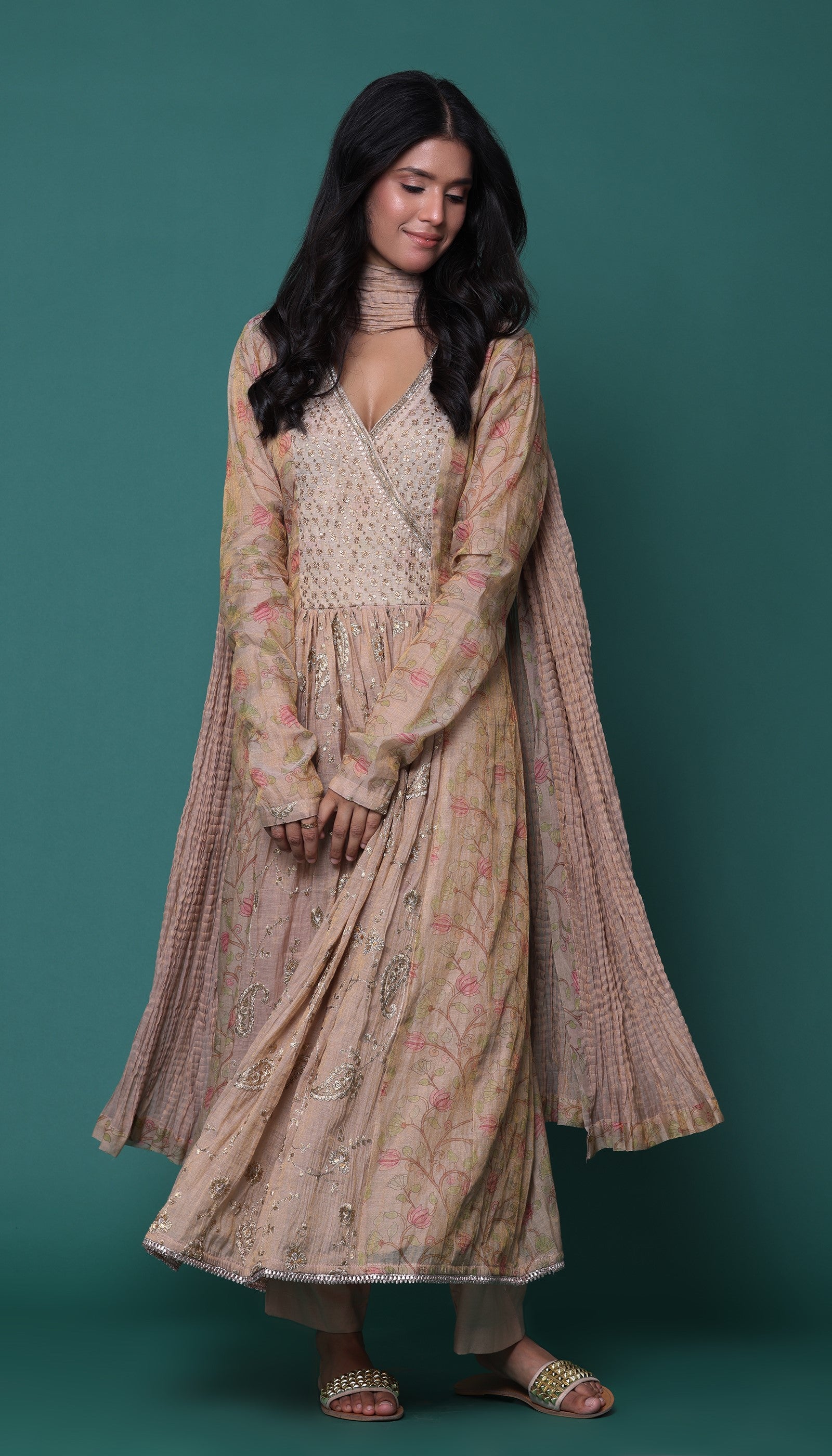 Beige Crushed Tissue Angrakha Suit