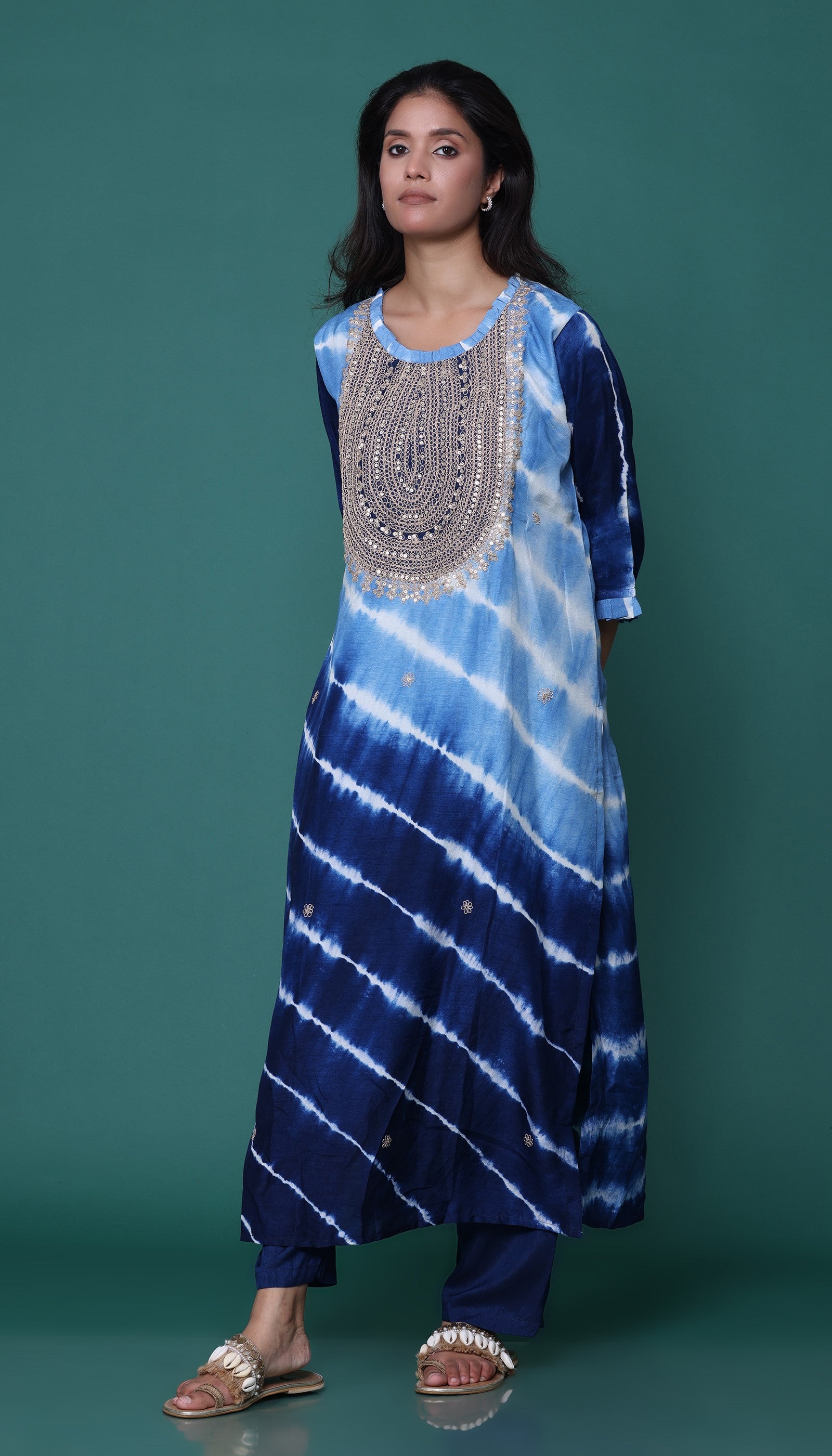 Blue Leheriya Chanderi Kurta Set