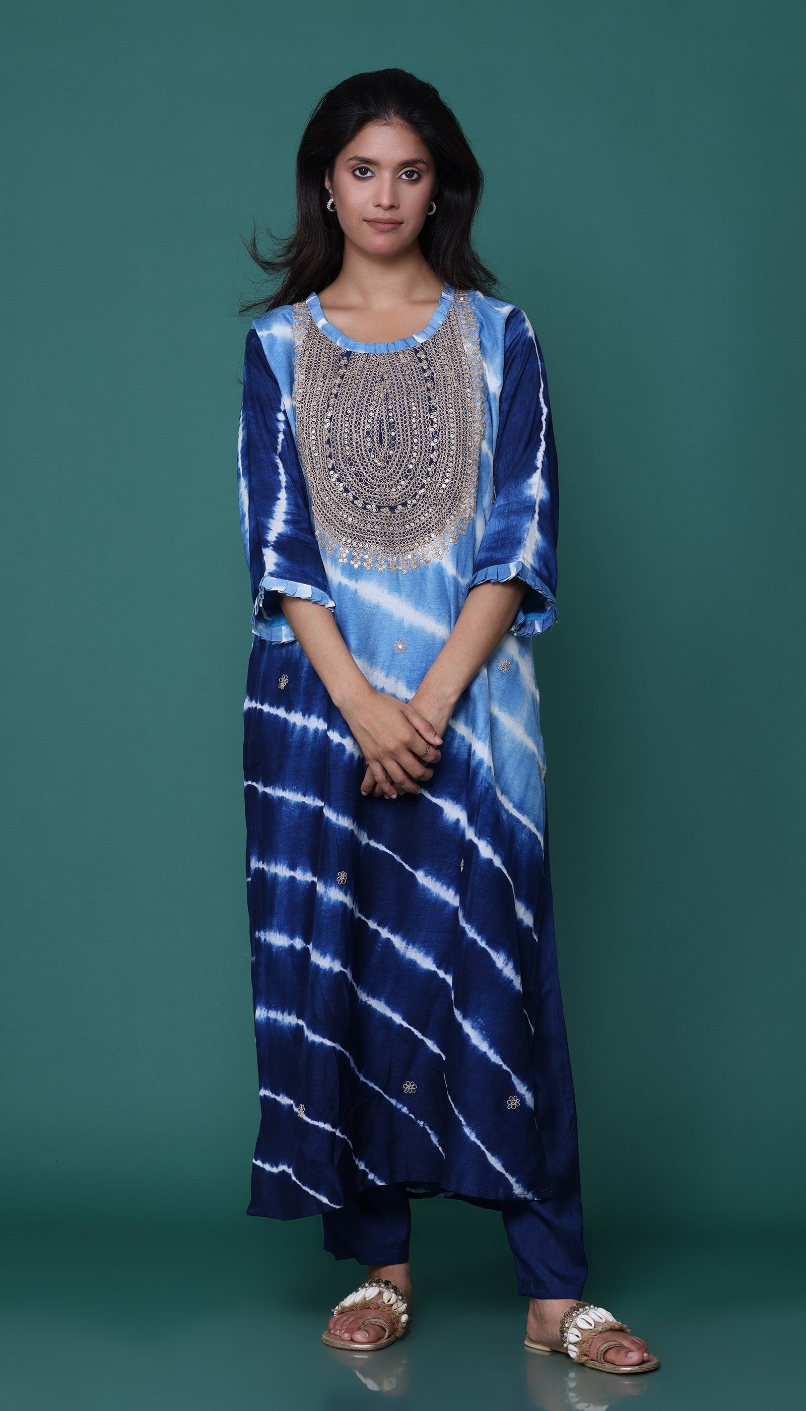 Blue Leheriya Chanderi Kurta Set