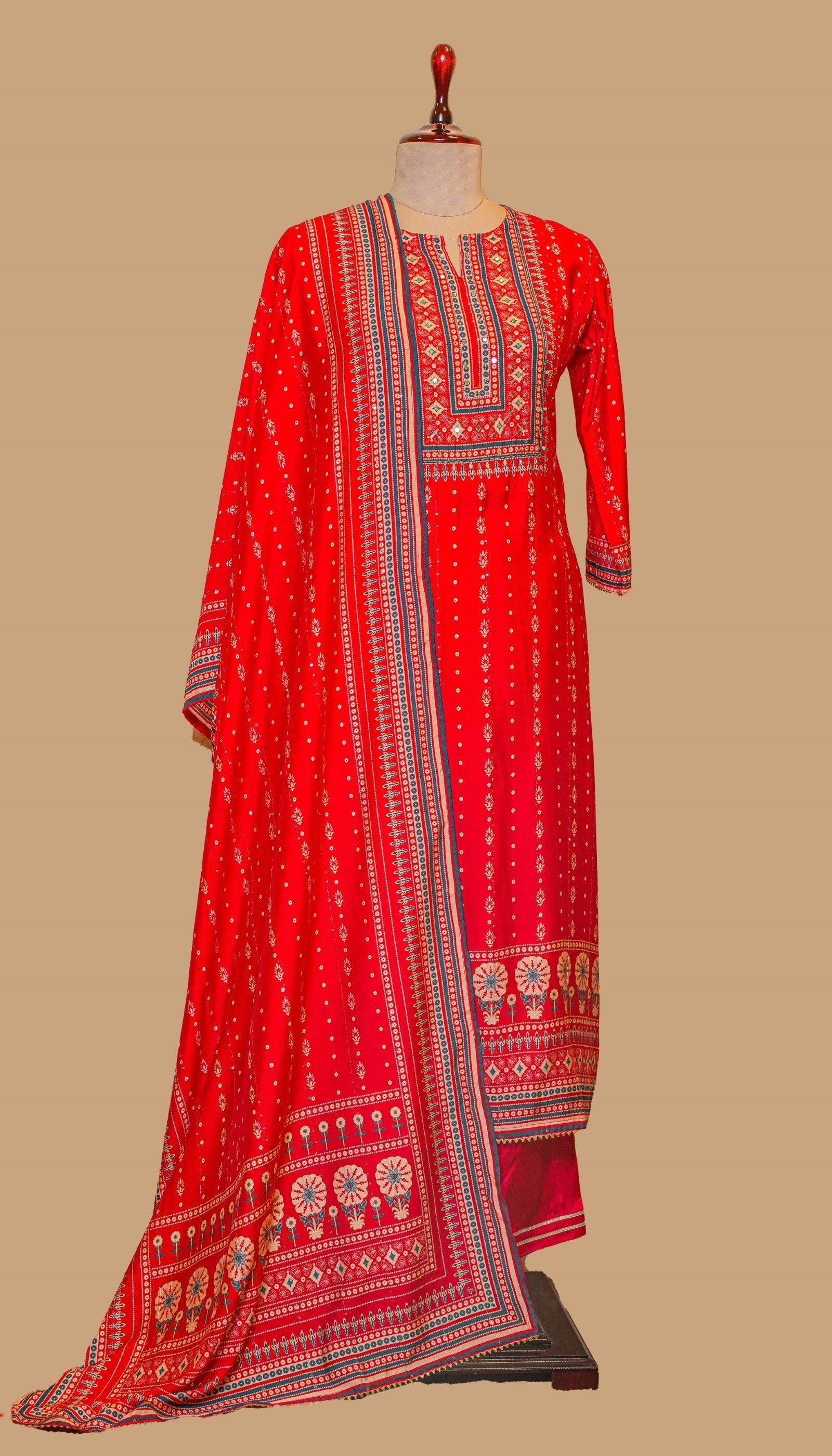 CHANDERI COTTON RED KURTA SET