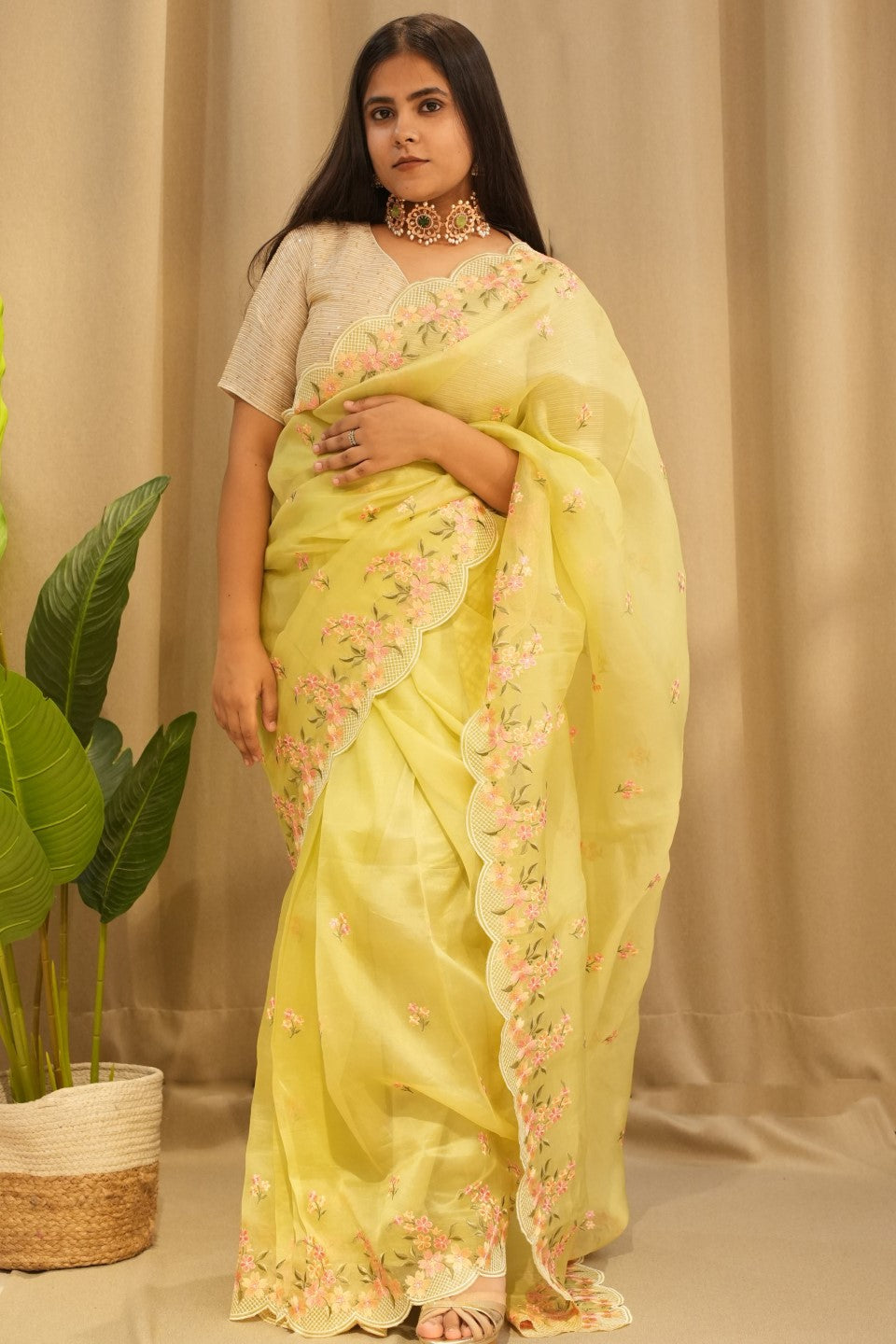 Lime Green Organza Saree