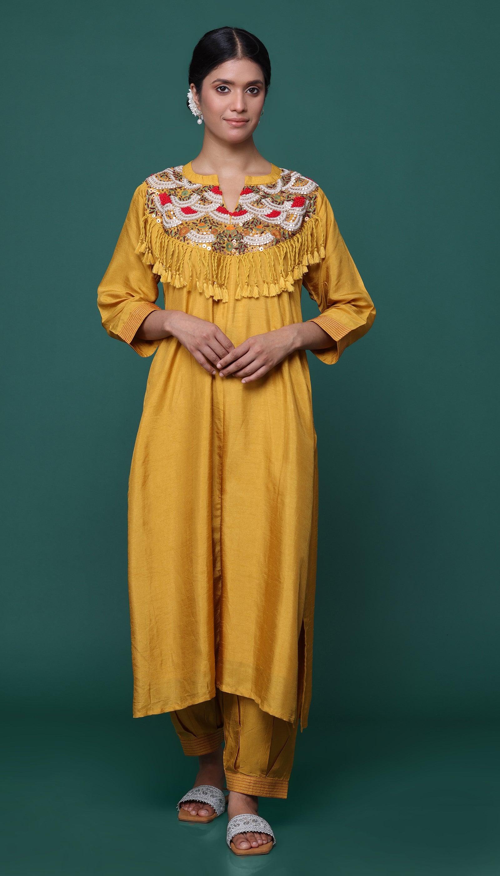 Mustard Chanderi Kurta Set