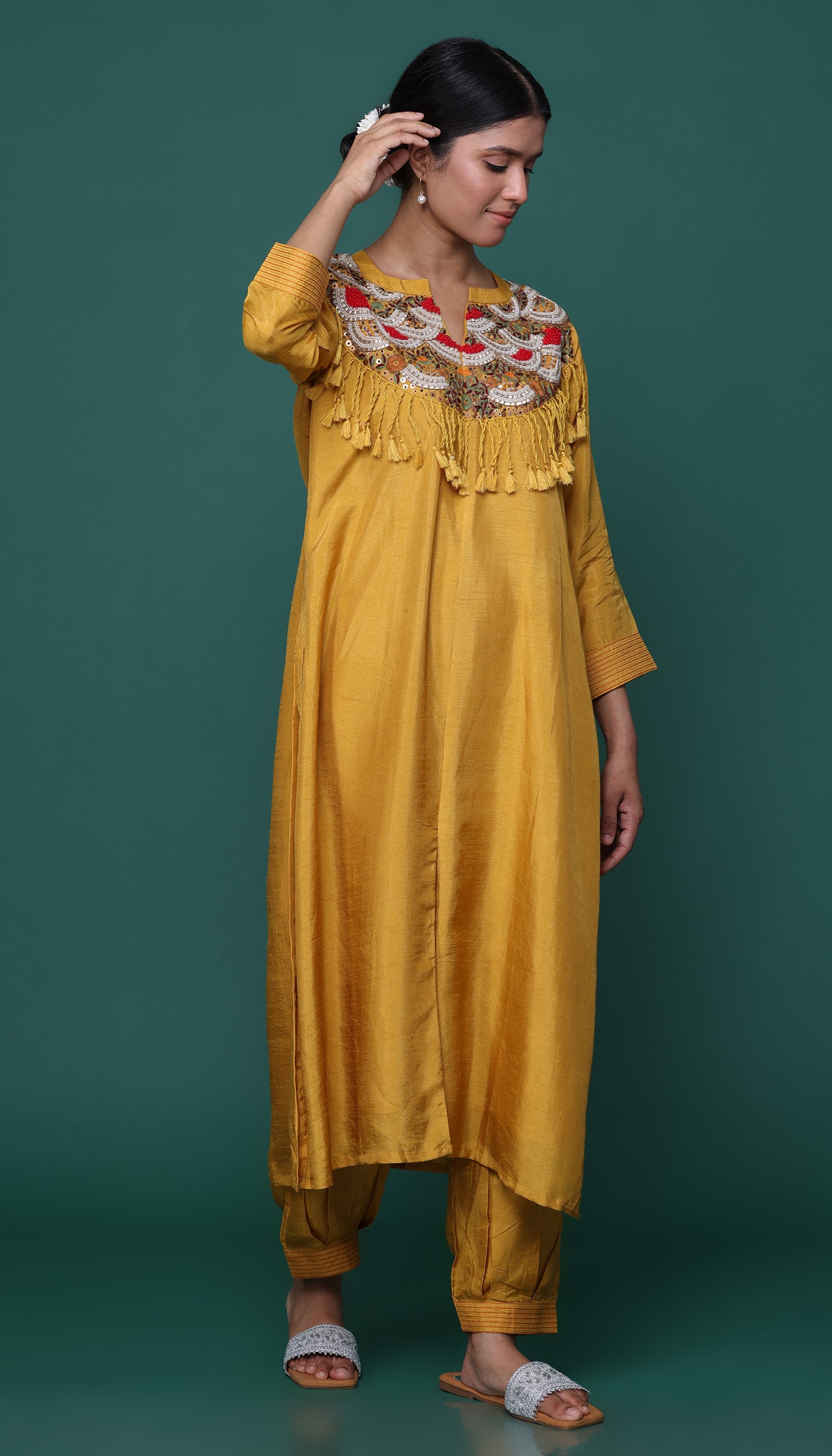 Mustard Chanderi Kurta Set