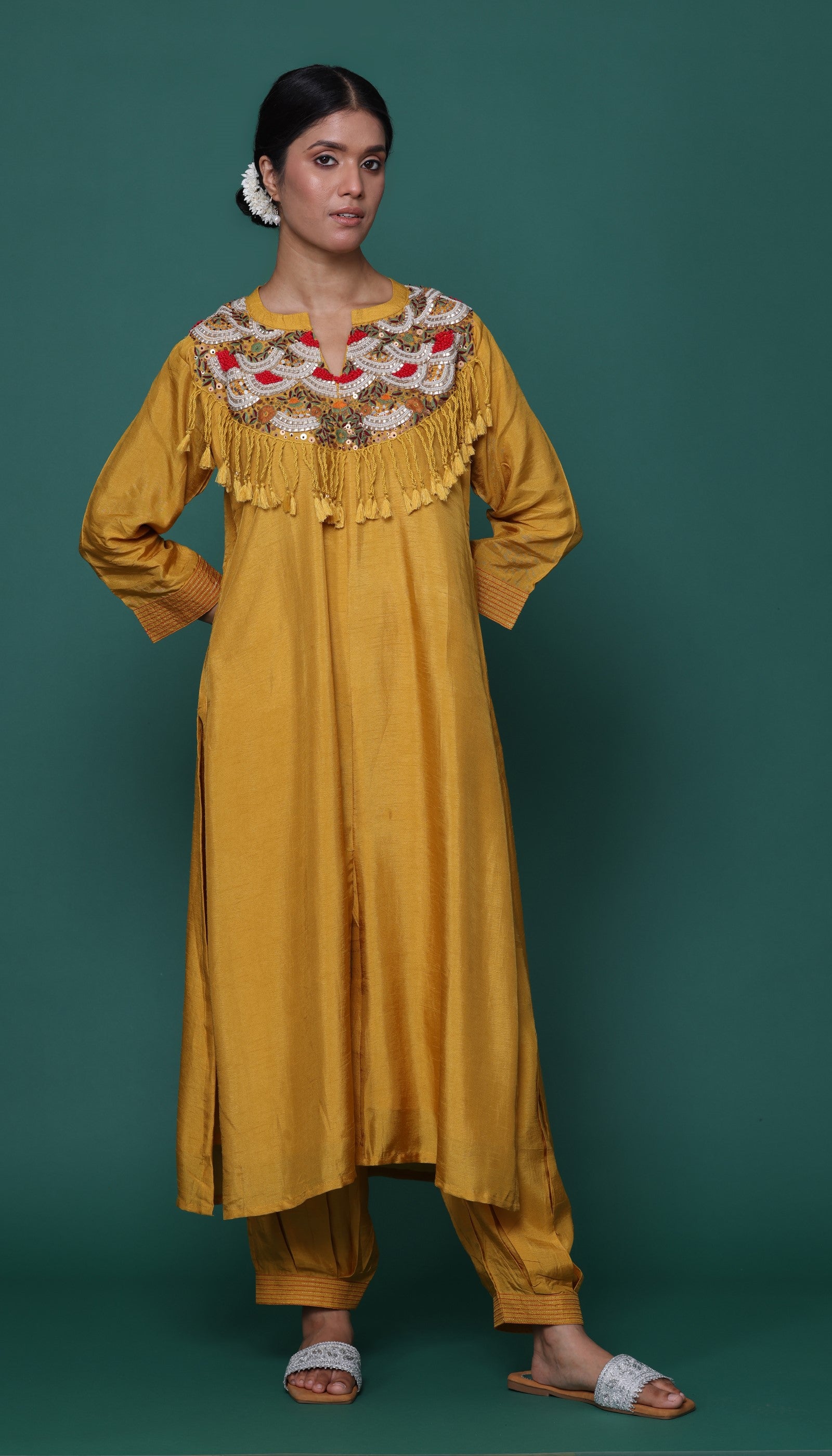 Mustard Chanderi Kurta Set