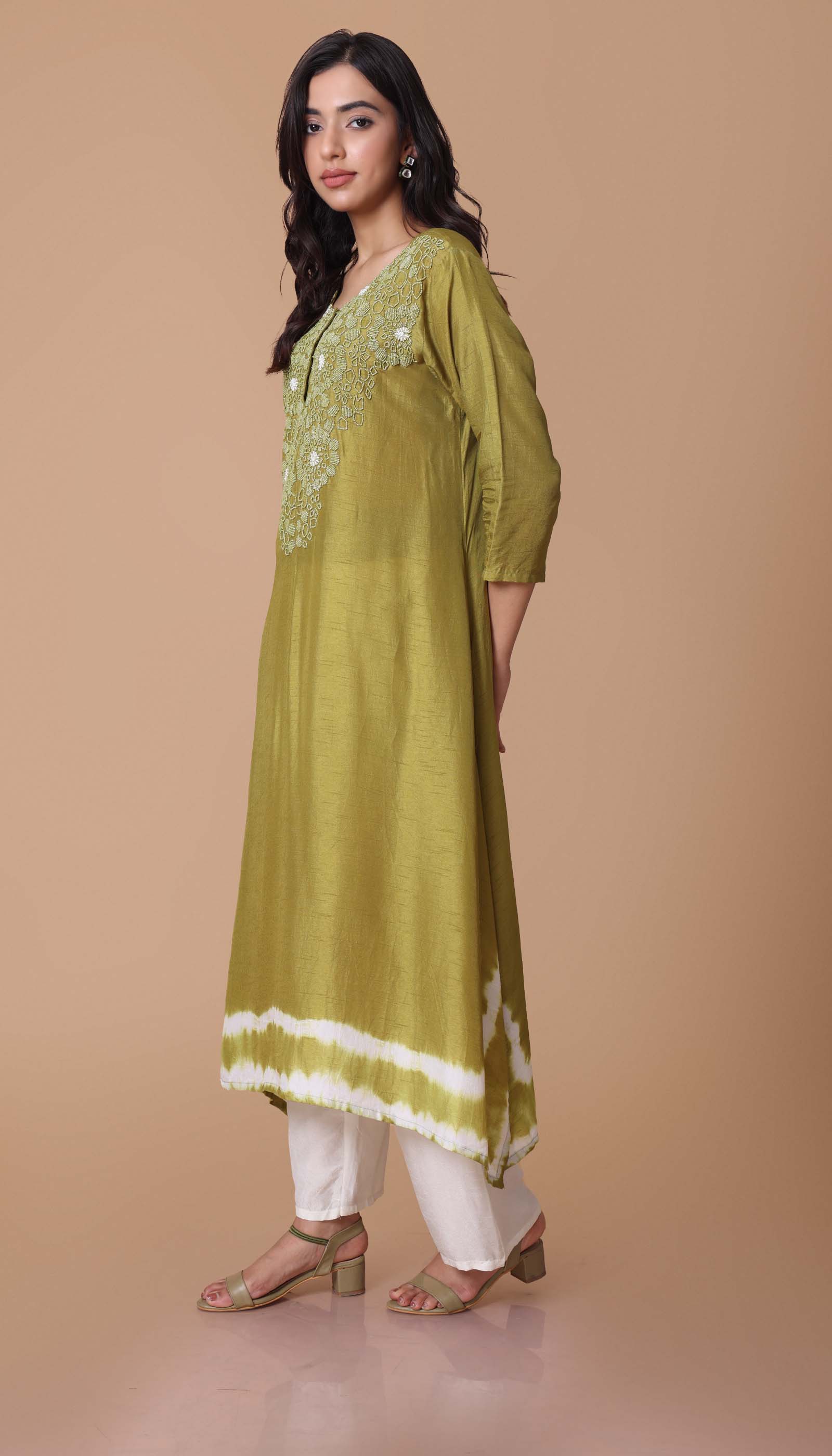 Olive Green Chanderi Silk Kurta Set