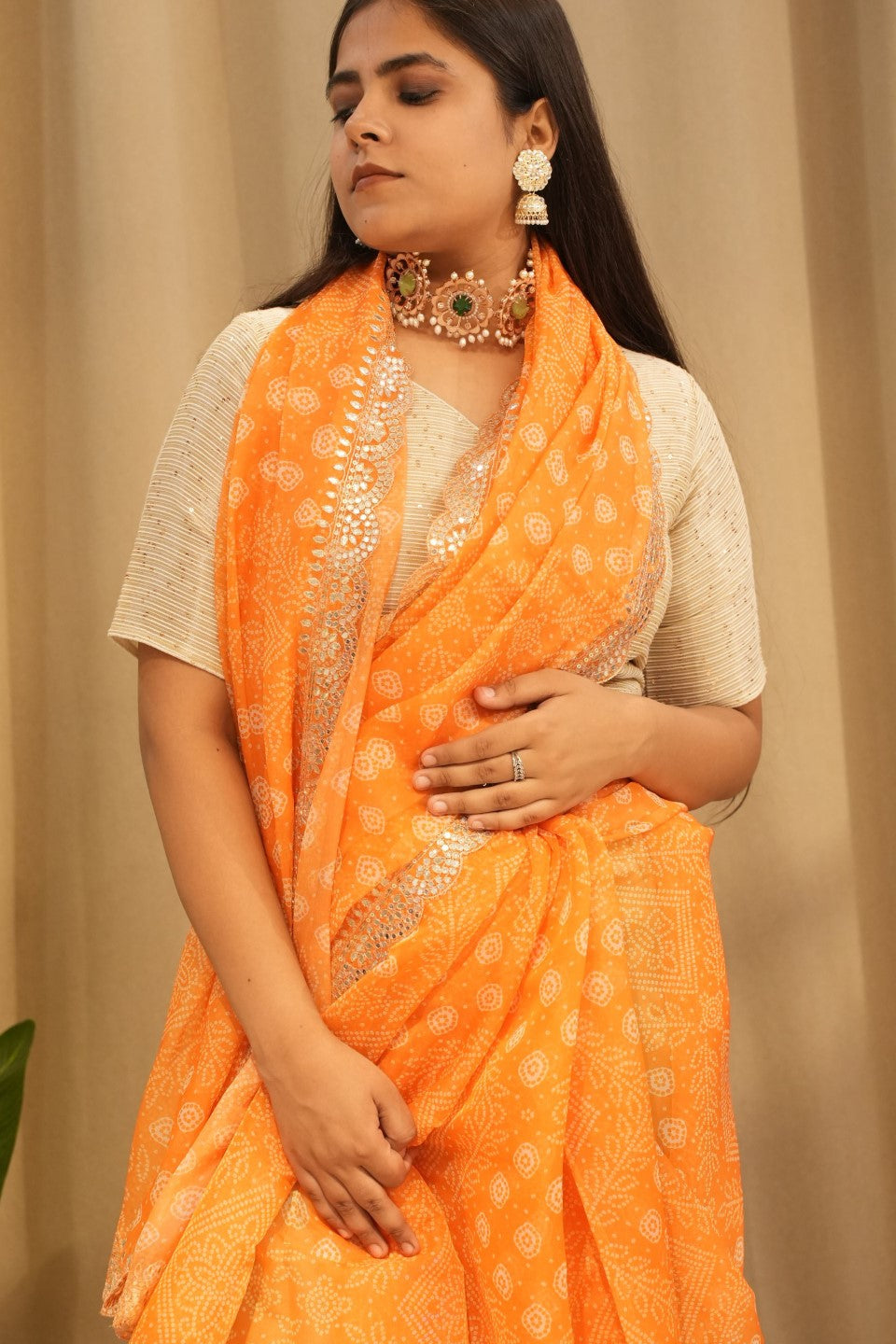 Orange Organza Bandhani Print Saree