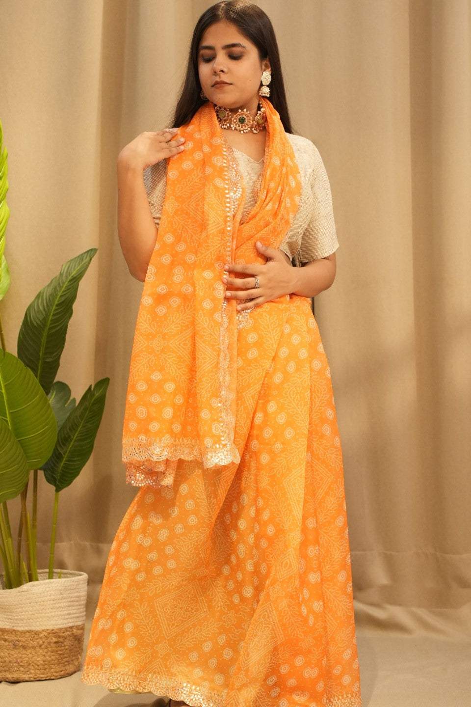 Orange Organza Bandhani Print Saree