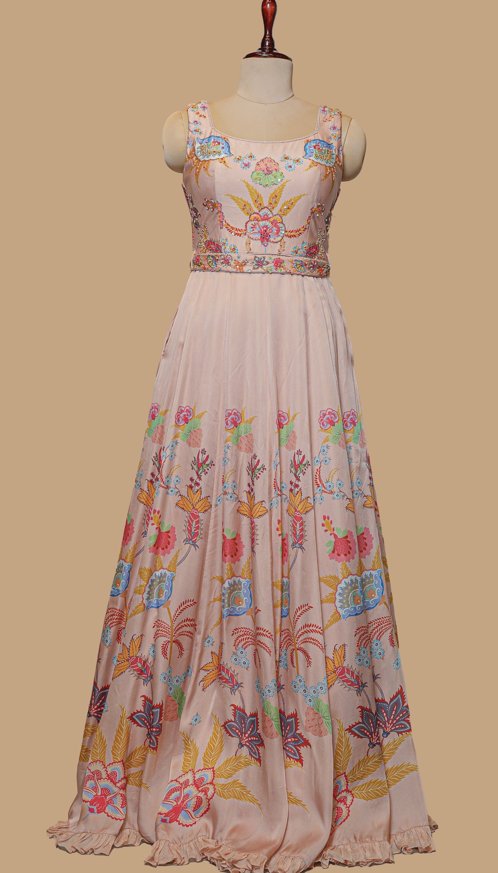 PEACH SATIN PRINTED GOWN