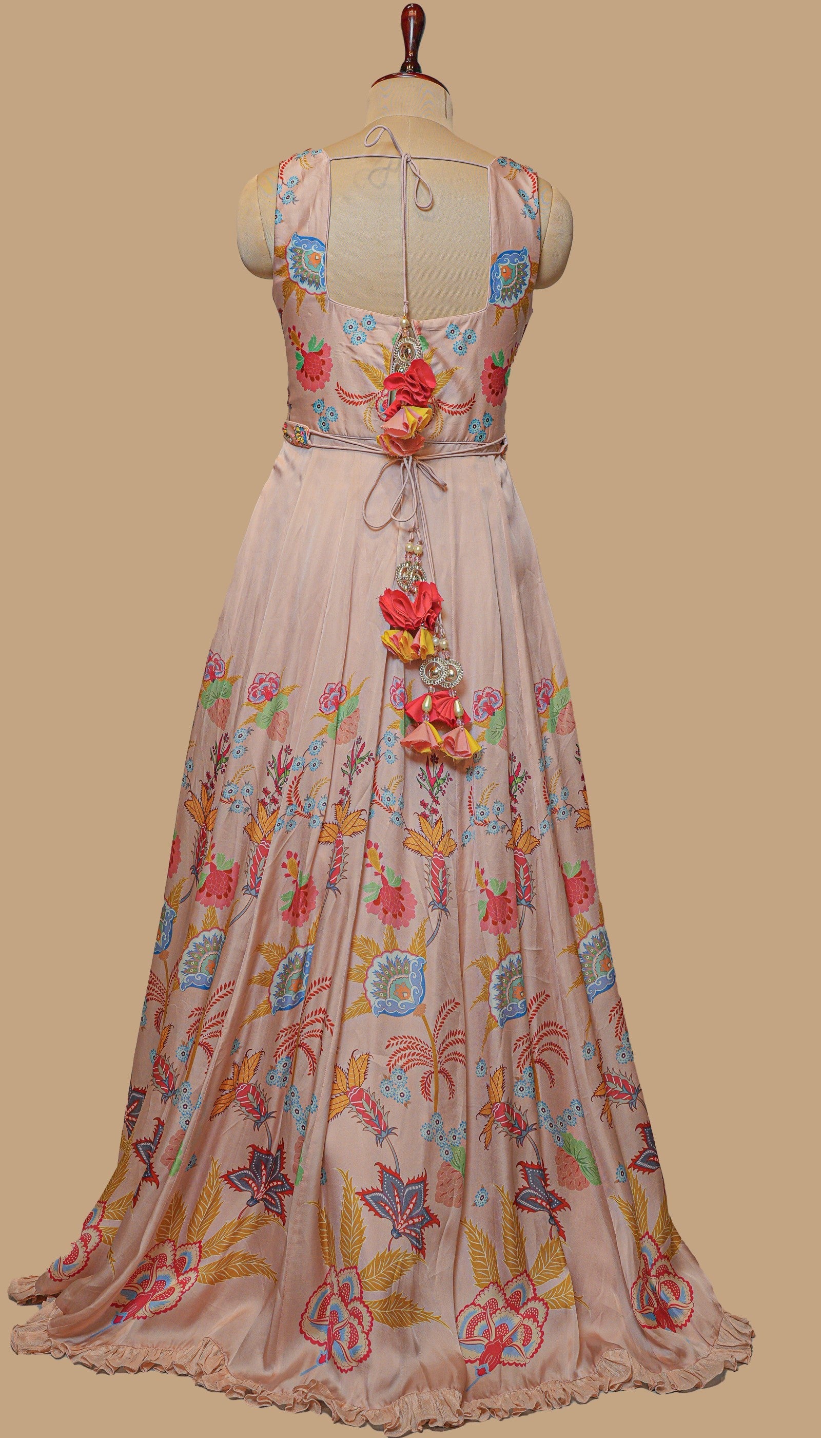 PEACH SATIN PRINTED GOWN