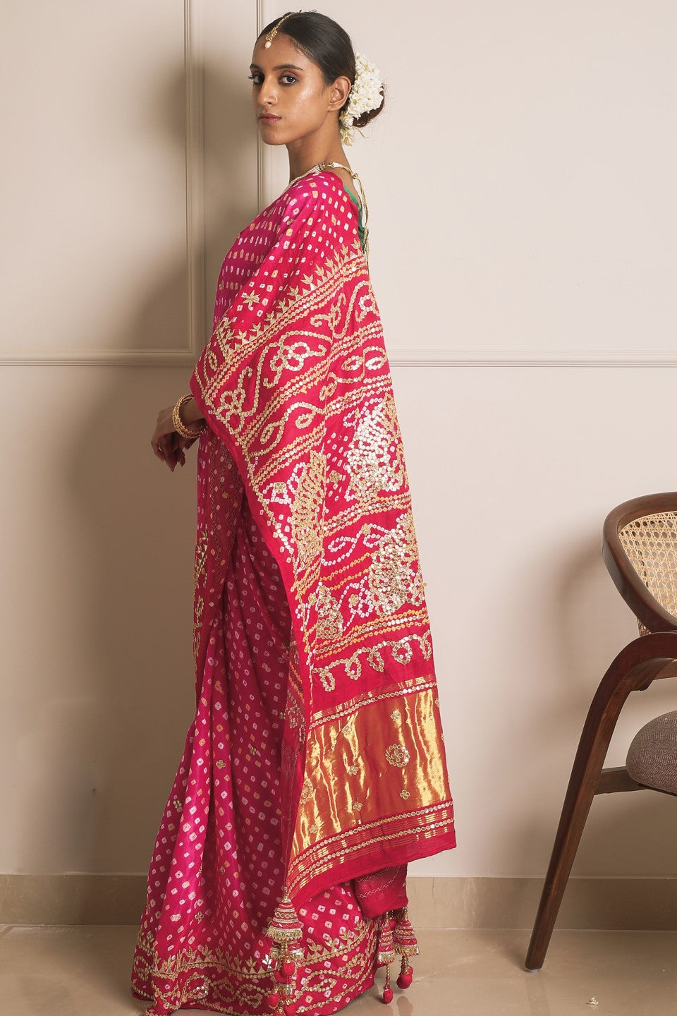 Red Bandhani Silk Saree