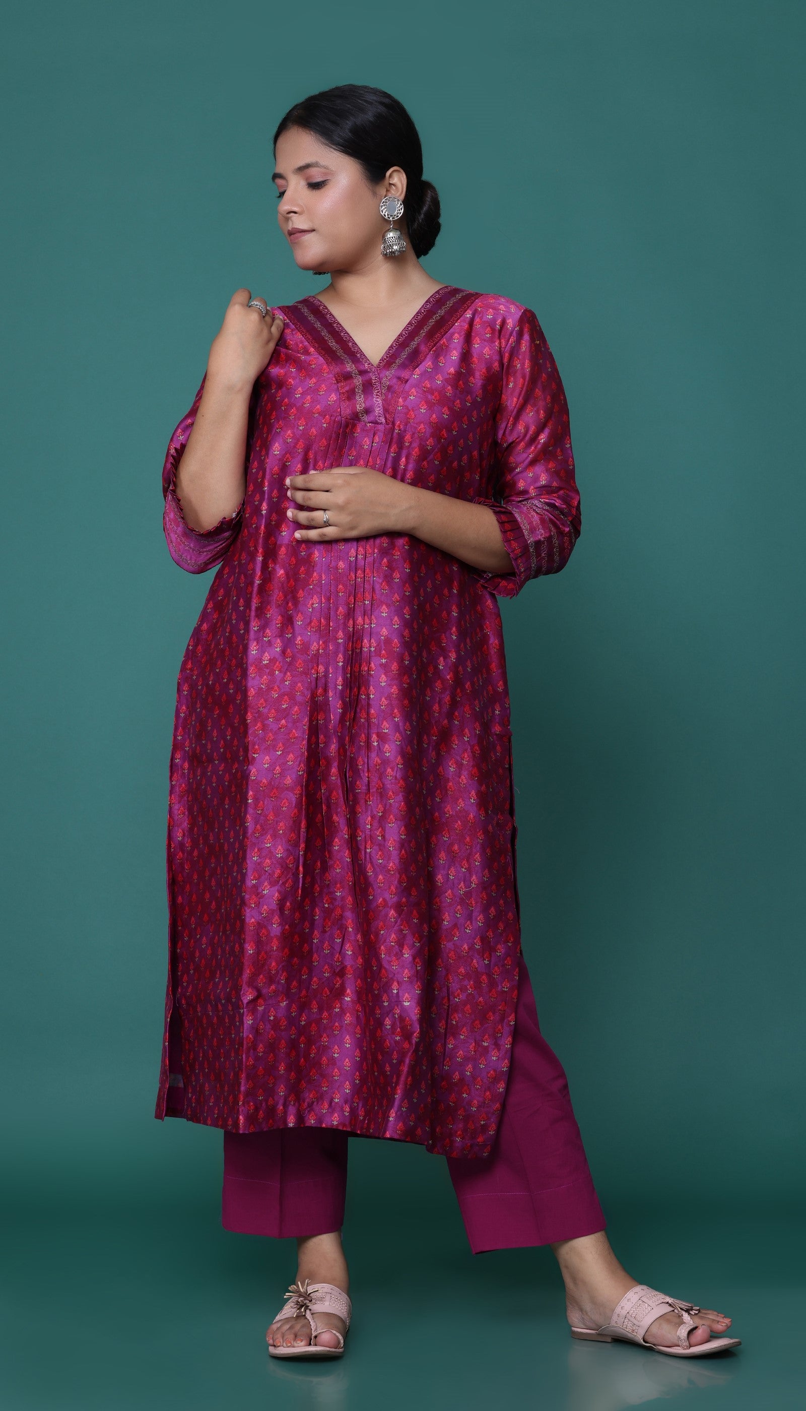 Wine Chanderi Kurta Set