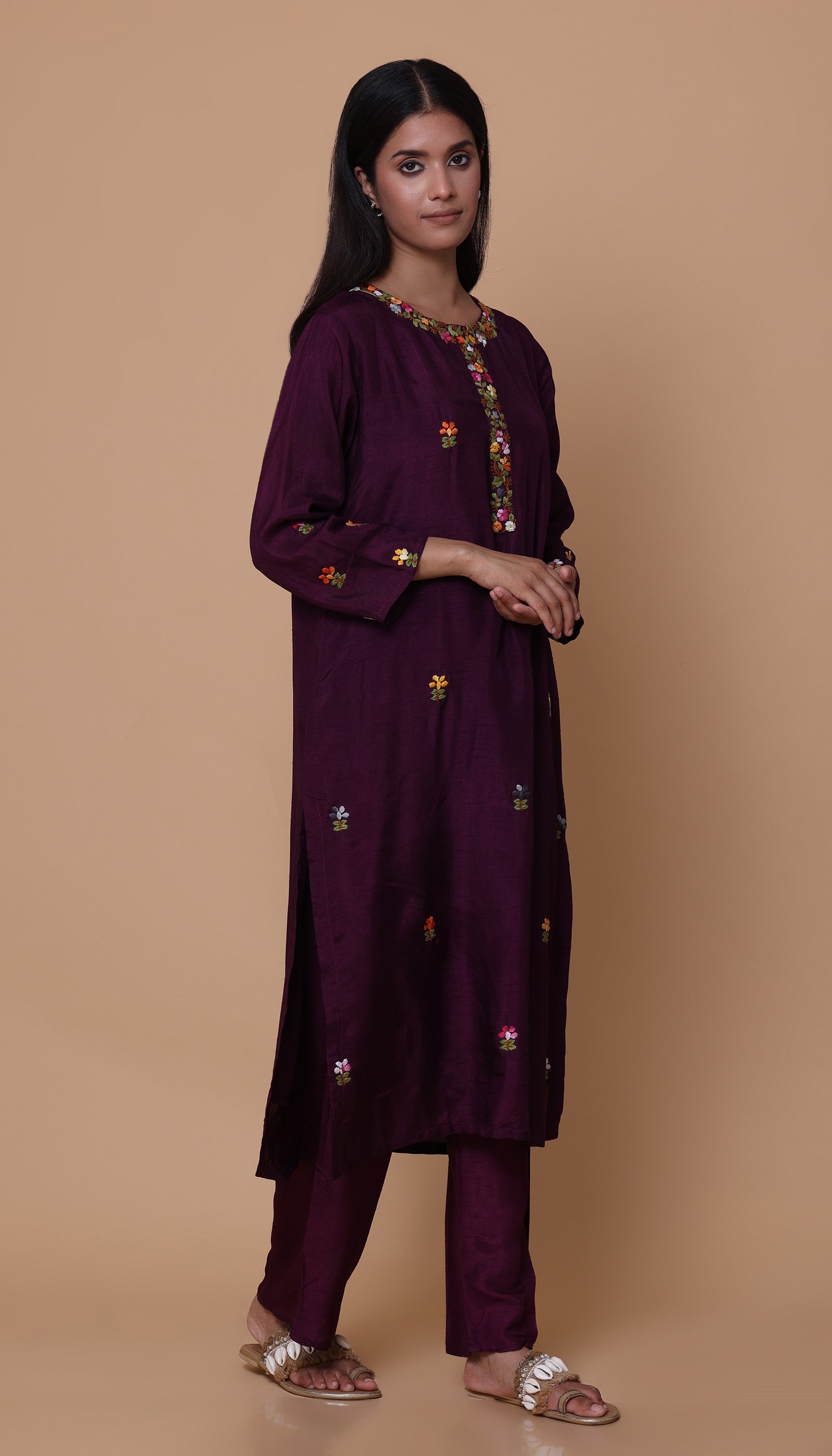 Wine Chanderi Kurta Set