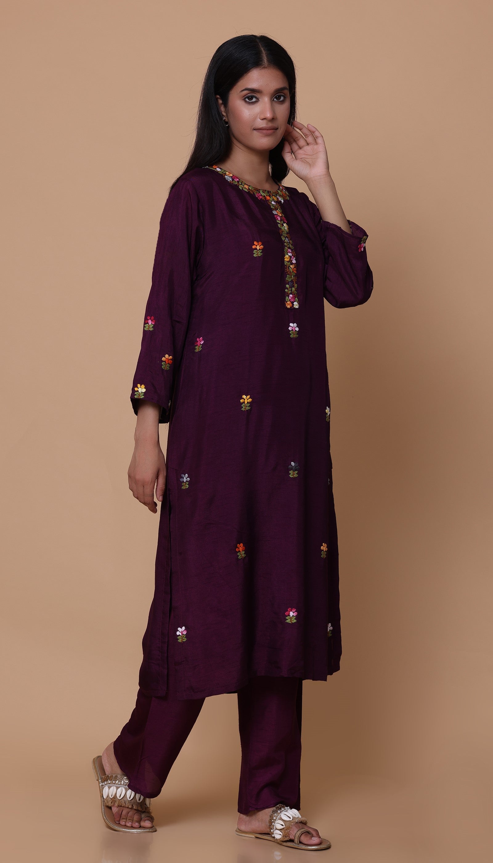 Wine Chanderi Kurta Set