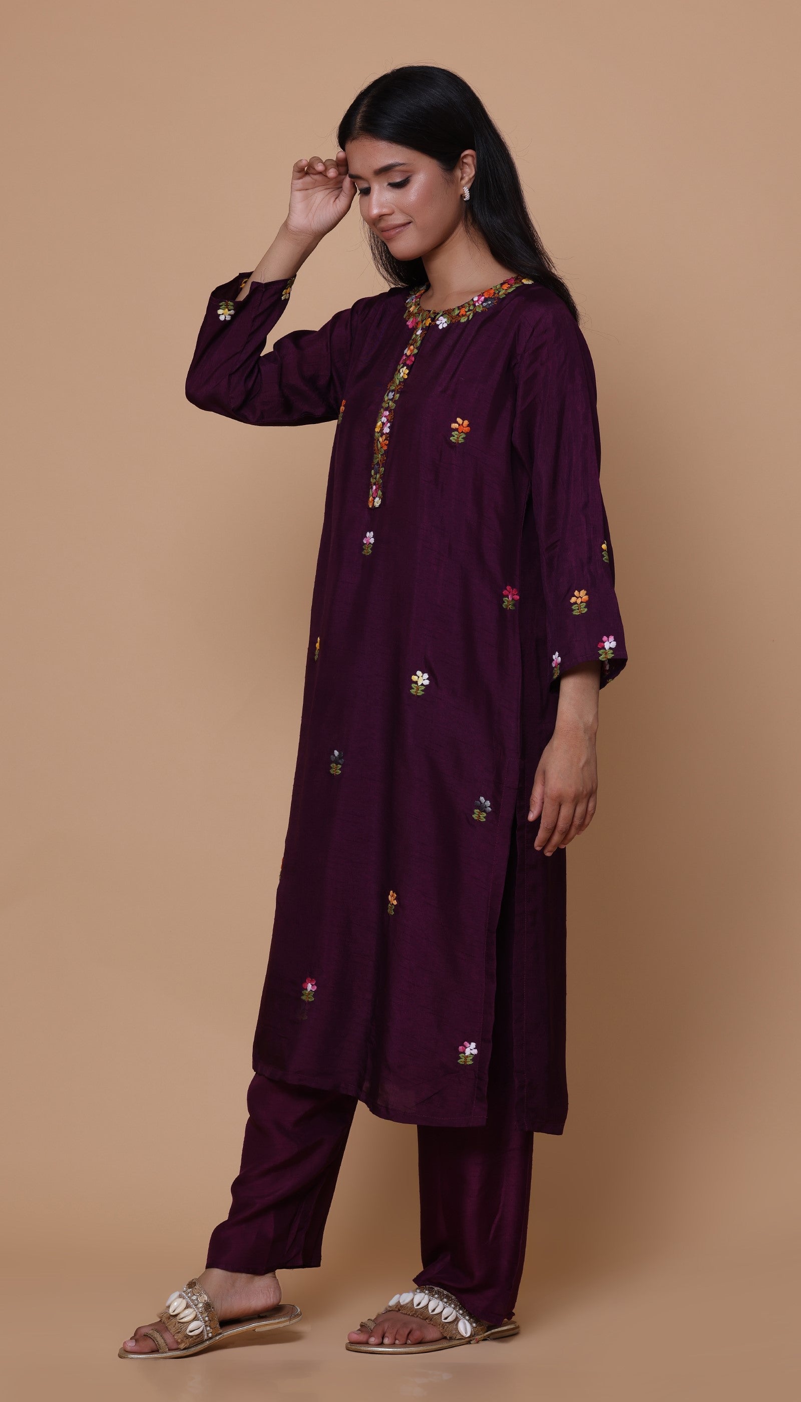 Wine Chanderi Kurta Set