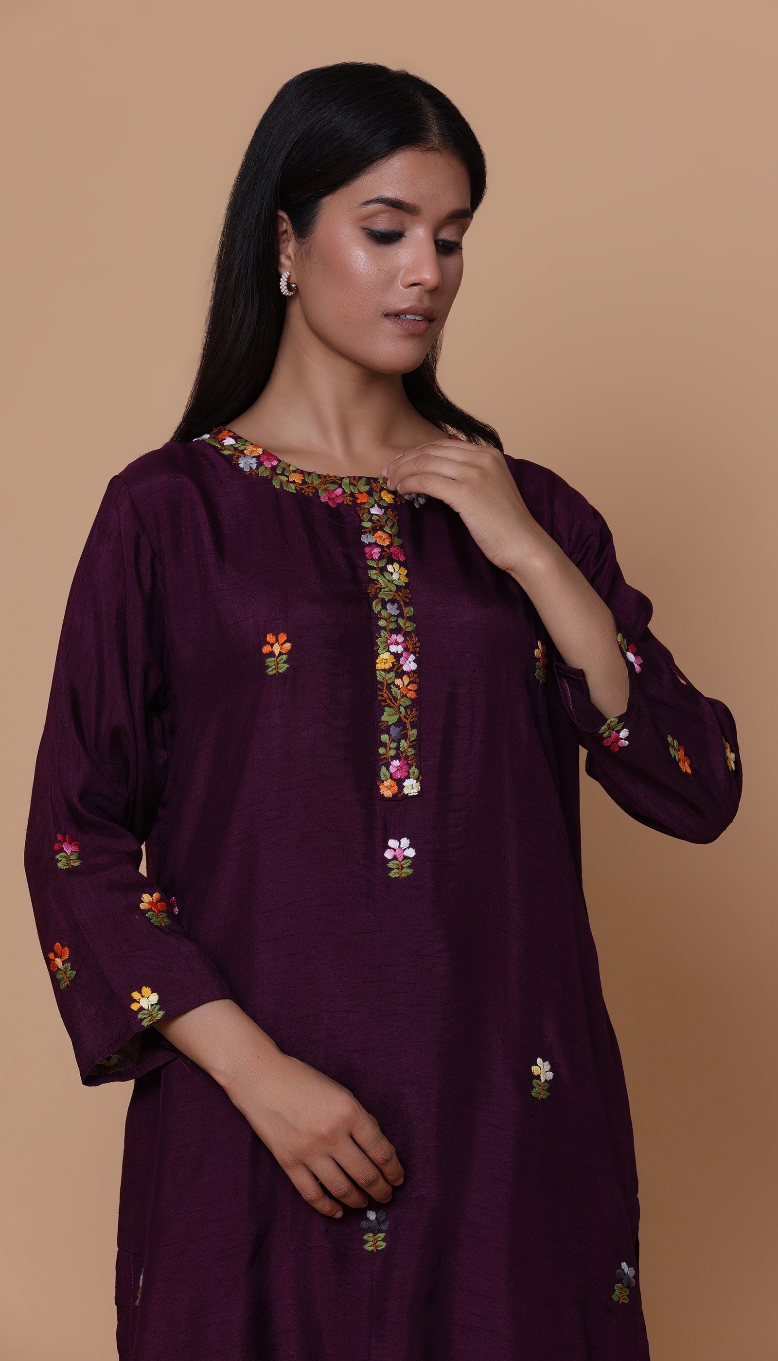 Wine Chanderi Kurta Set