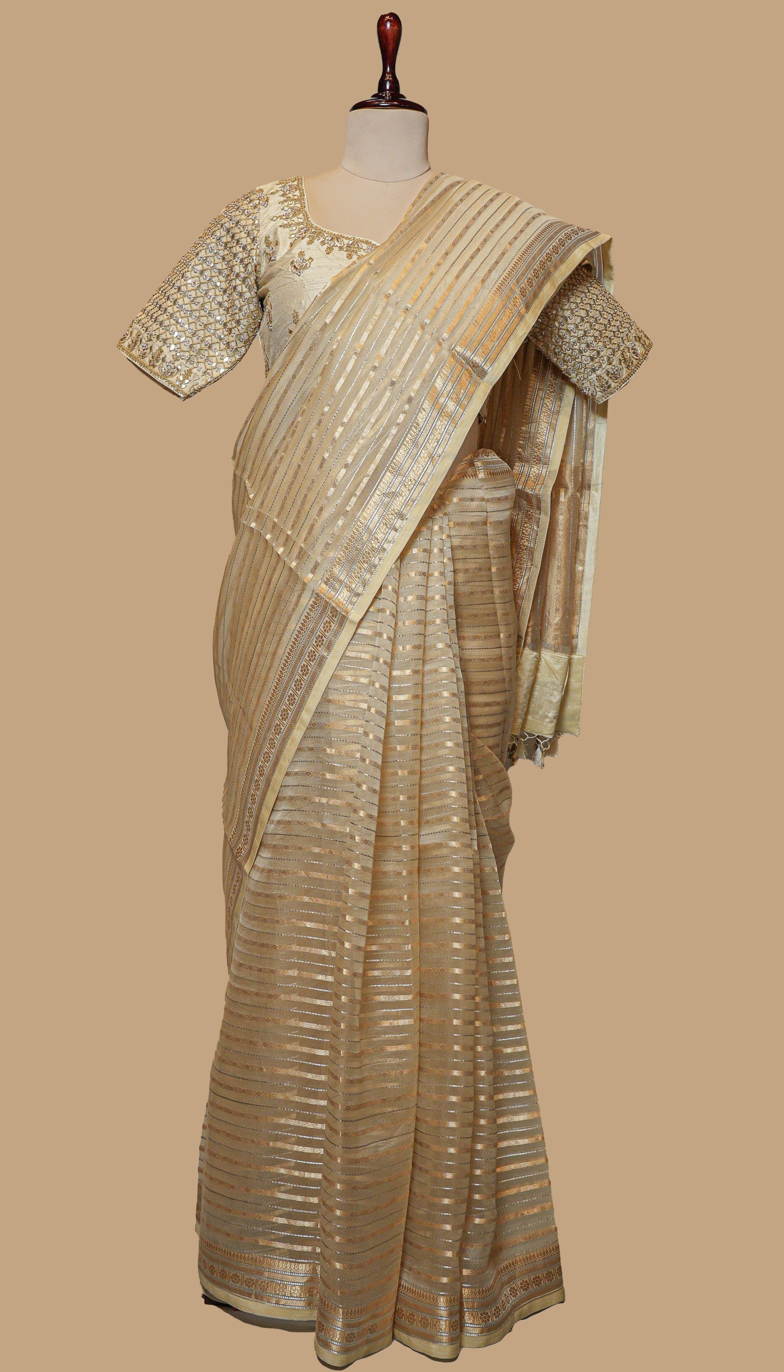 BEIGE AND GOLD TISSUE ORGANZA SAREE