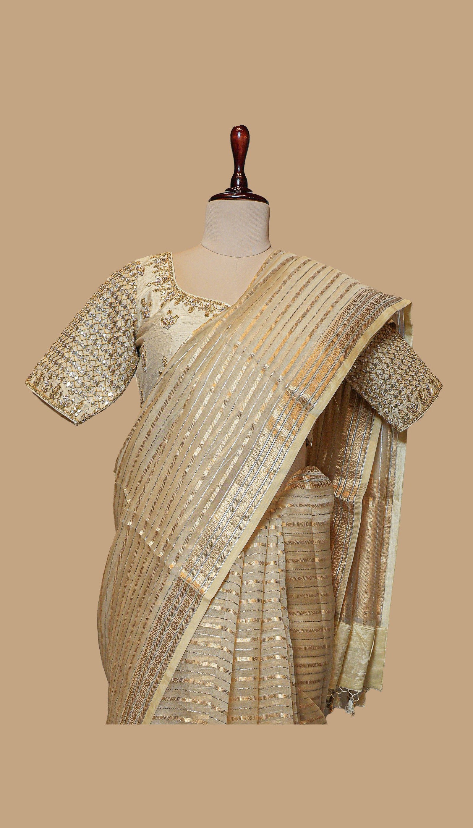 BEIGE AND GOLD TISSUE ORGANZA SAREE