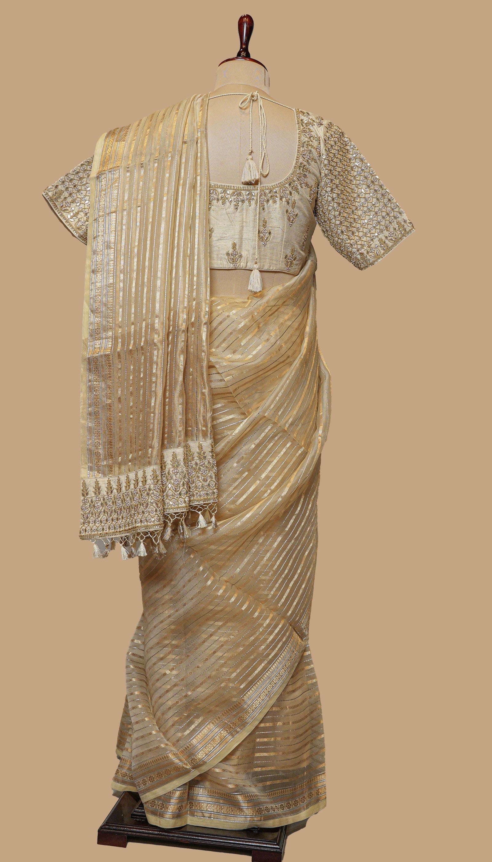 BEIGE AND GOLD TISSUE ORGANZA SAREE